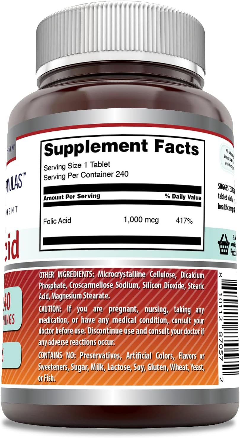 High Potency Folic Acid 1000mcg Tablets | Vitamin B9 Supplement | Non-GMO, Gluten Free | 240 Count | Made in USA by Amazing Nutrition
