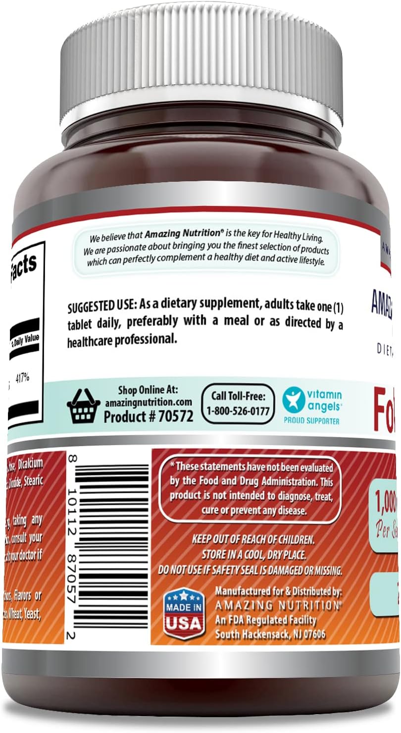 High Potency Folic Acid 1000mcg Tablets | Vitamin B9 Supplement | Non-GMO, Gluten Free | 240 Count | Made in USA by Amazing Nutrition