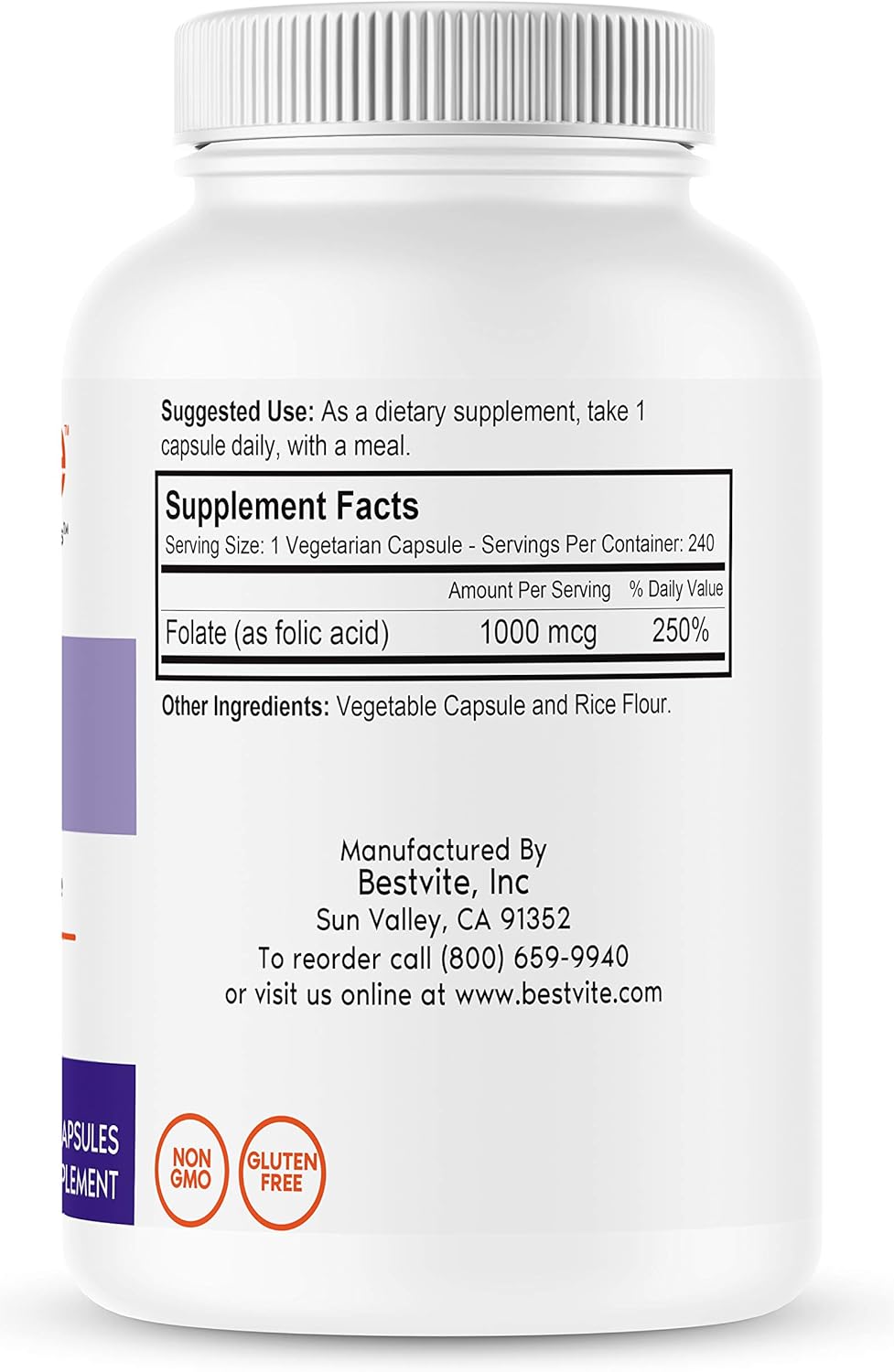 High Potency Folic Acid 1000mcg (Vitamin B9) Capsules - 240 Vegetarian Capsules, Non-GMO & Gluten Free - No Fillers