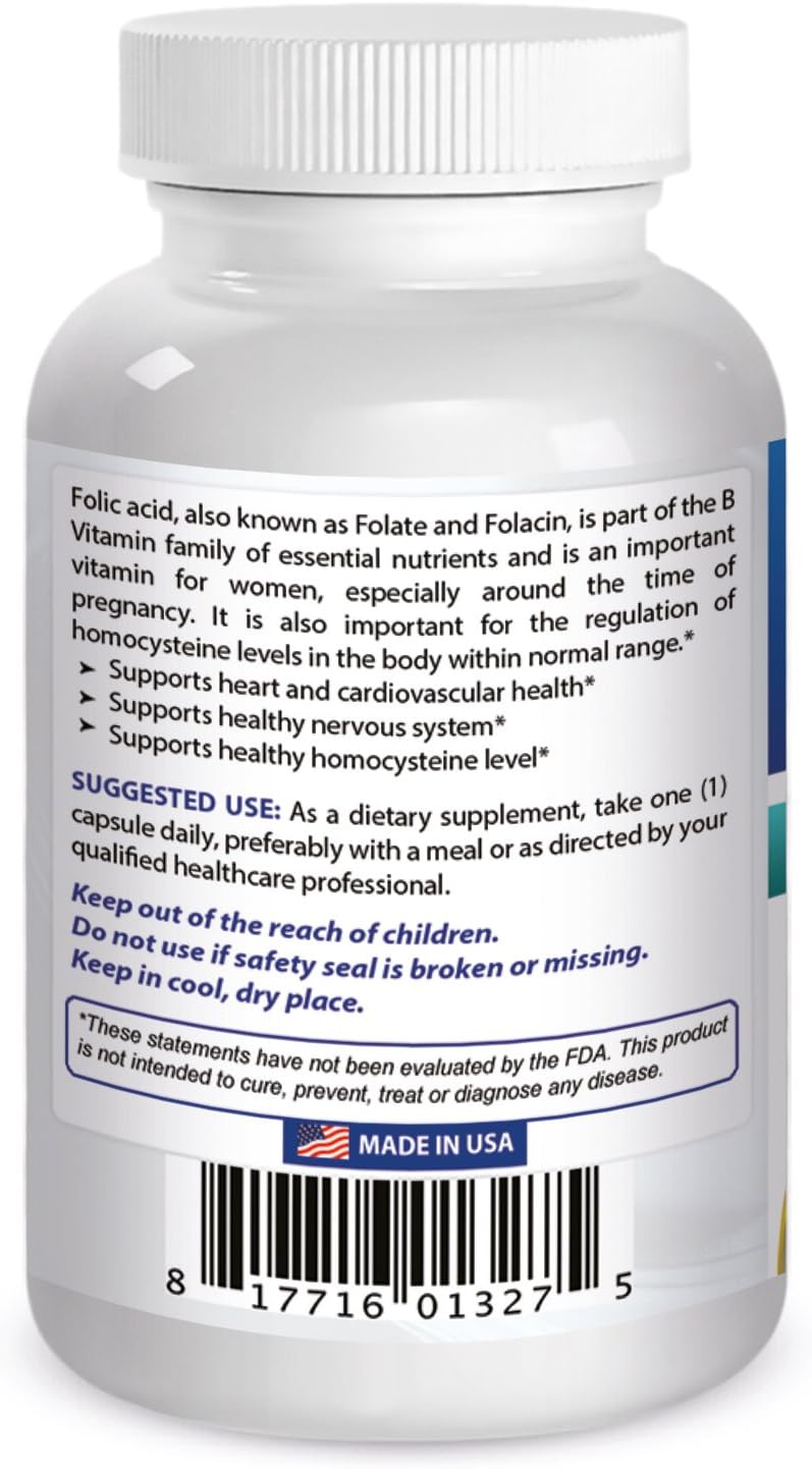 High Potency Folic Acid 800 mcg Supplement - 240 Capsules by Best Naturals