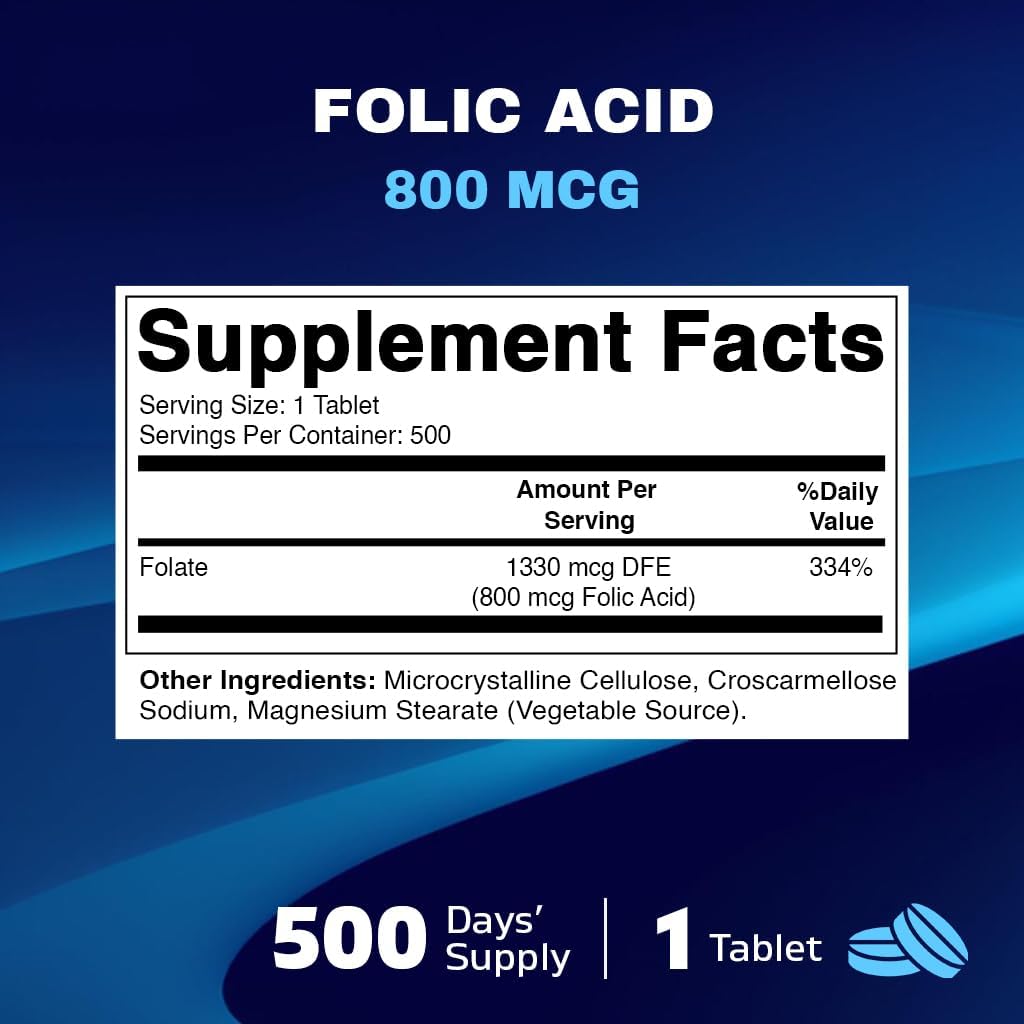 High-Potency Folic Acid 800 mcg Supplement - 500 Vegan Tablets - Vitamin B9