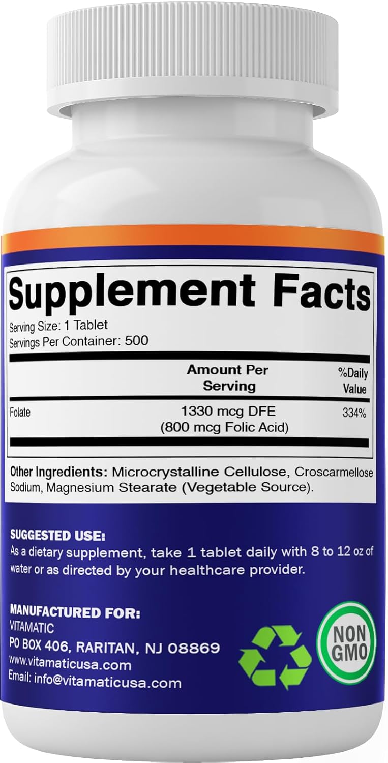 High-Potency Folic Acid 800 mcg Supplement - 500 Vegan Tablets - Vitamin B9