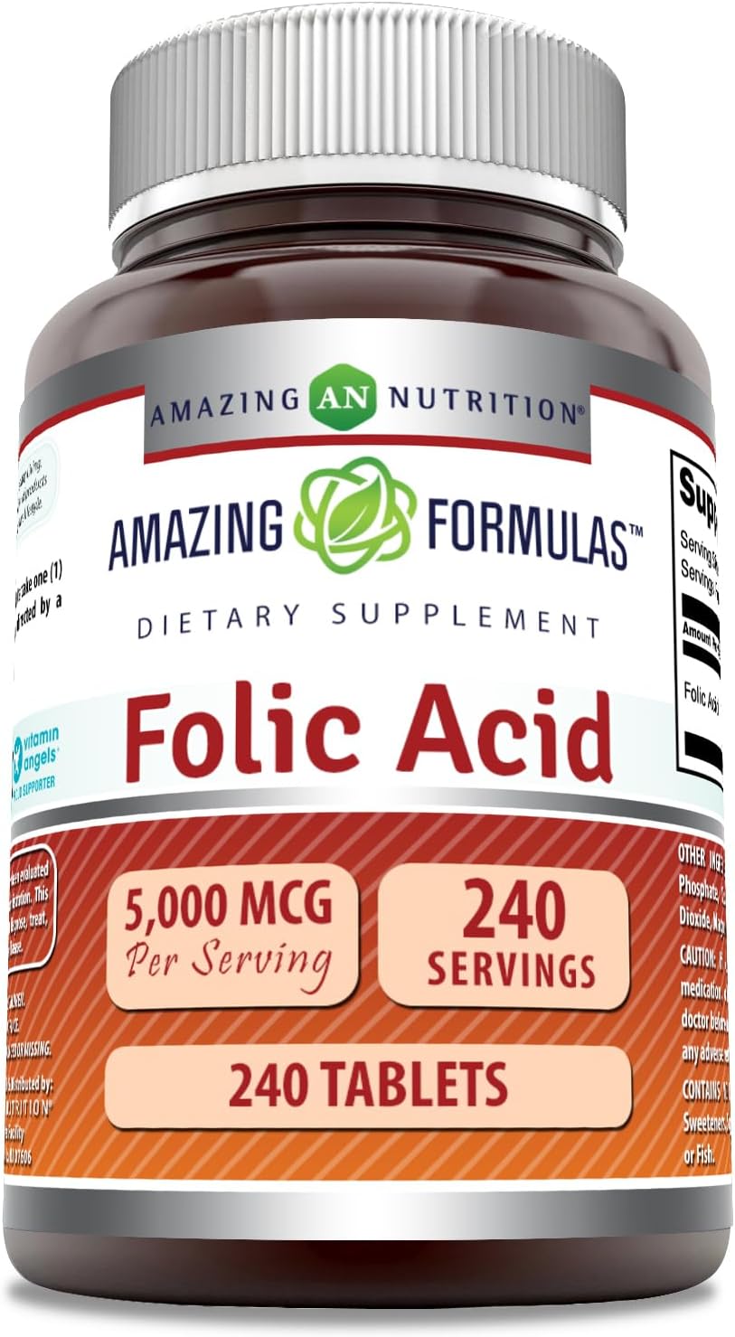 High Potency Folic Acid Supplement 5000 Mcg Tablets - Non-GMO, Gluten Free - 240 Count USA Made