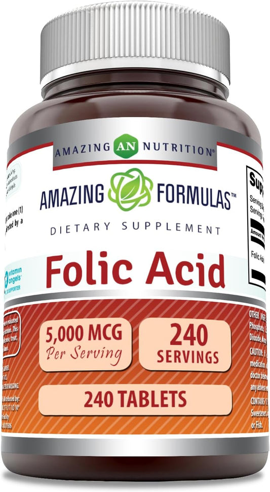 High Potency Folic Acid Supplement 5000 Mcg Tablets - Non-GMO, Gluten Free - 240 Count USA Made