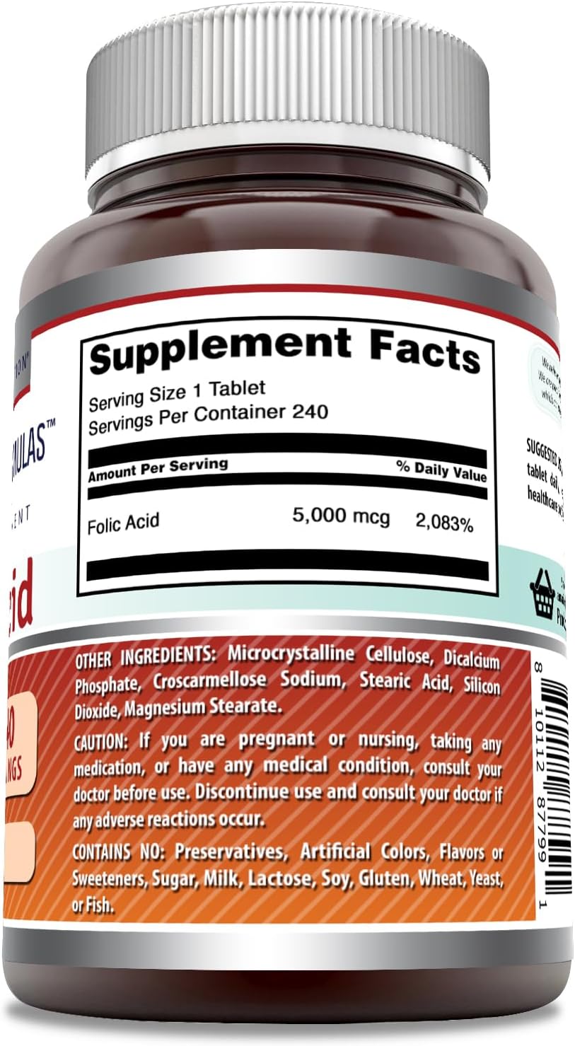 High Potency Folic Acid Supplement 5000 Mcg Tablets - Non-GMO, Gluten Free - 240 Count USA Made