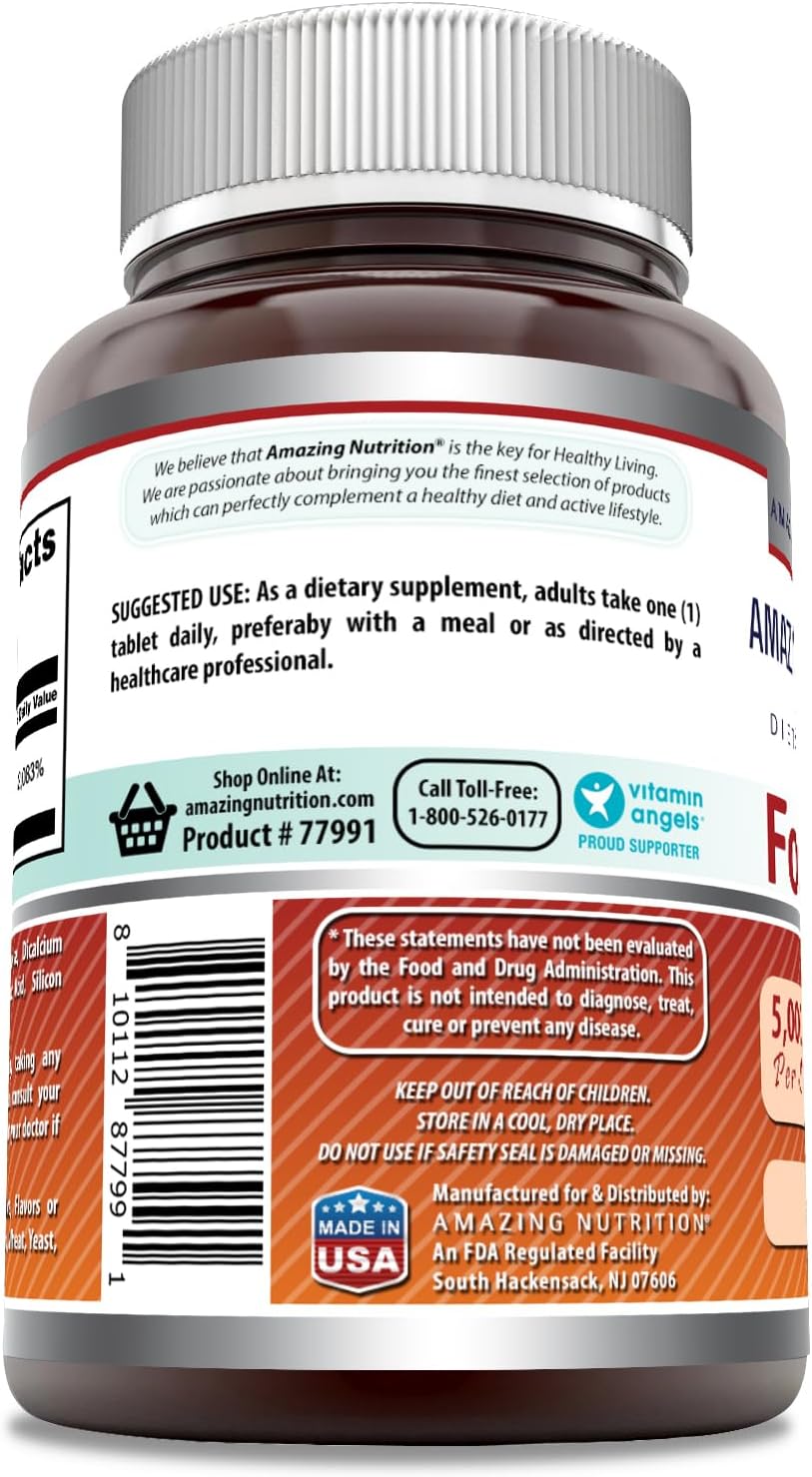 High Potency Folic Acid Supplement 5000 Mcg Tablets - Non-GMO, Gluten Free - 240 Count USA Made
