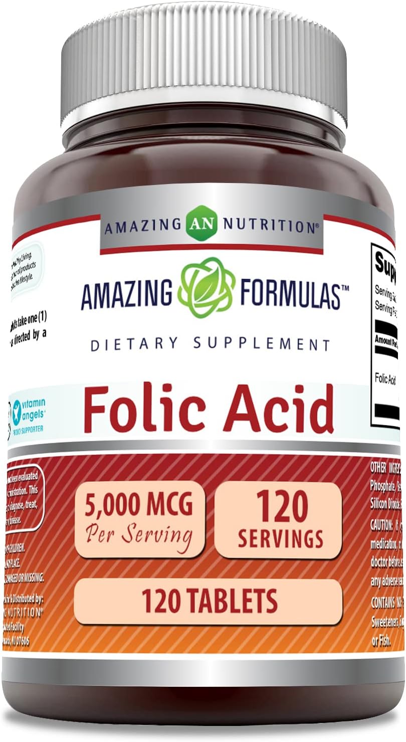 High Potency Folic Acid (Vitamin B9) Supplement | 5000 Mcg per Serving | 120 Tablets | Non-GMO | Gluten-Free | USA-Made