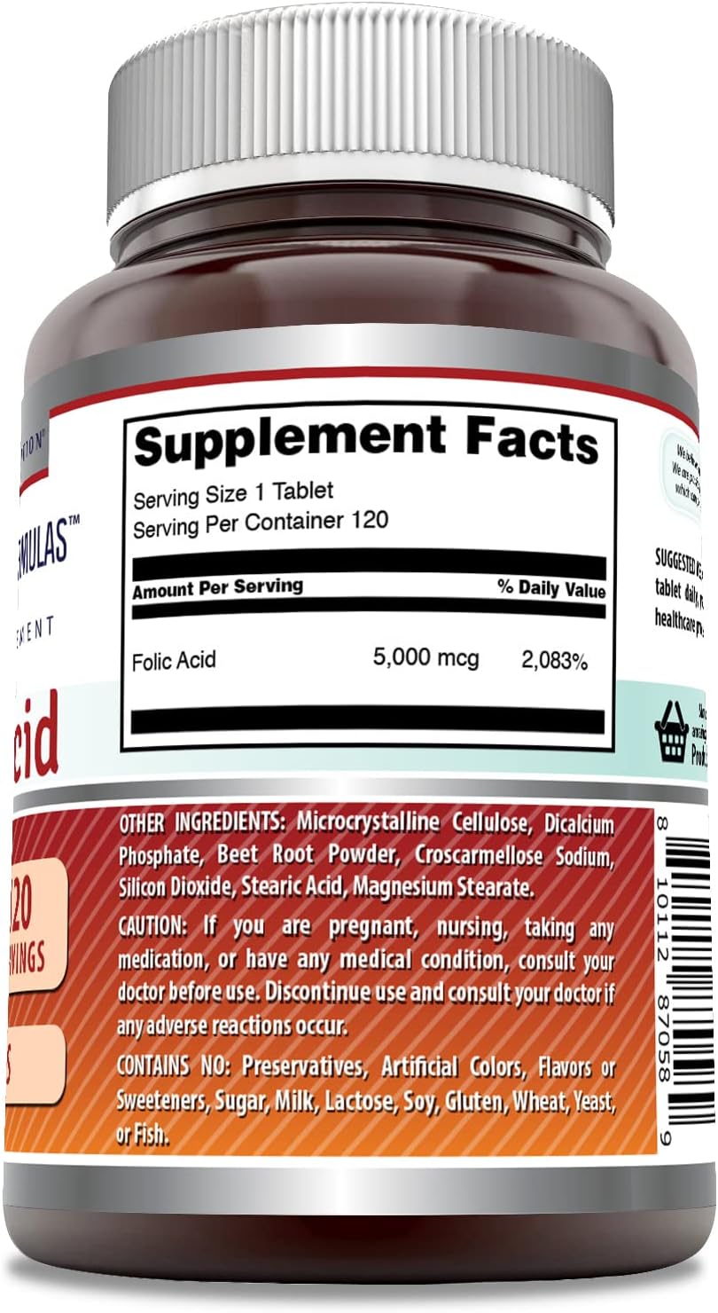 High Potency Folic Acid (Vitamin B9) Supplement | 5000 Mcg per Serving | 120 Tablets | Non-GMO | Gluten-Free | USA-Made