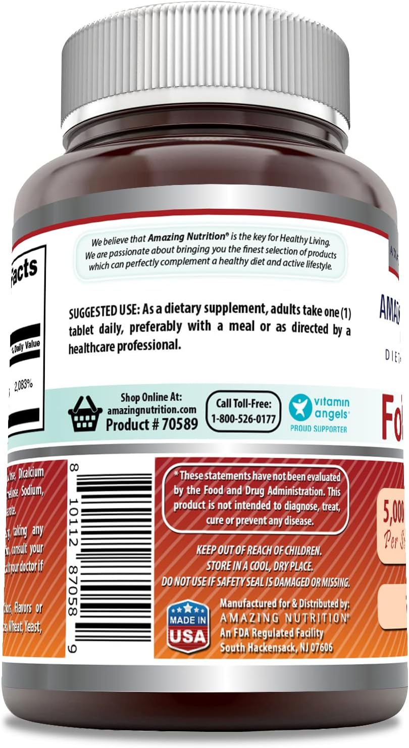 High Potency Folic Acid (Vitamin B9) Supplement | 5000 Mcg per Serving | 120 Tablets | Non-GMO | Gluten-Free | USA-Made