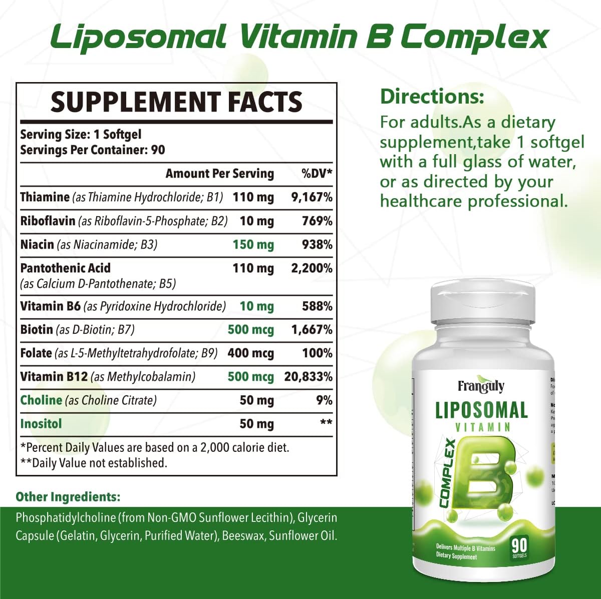 High Potency Franguly Active B Complex Supplement with Liposomal B Vitamins, Choline, and Inositol - Supports Energy and Brain Health - 270 Softgels