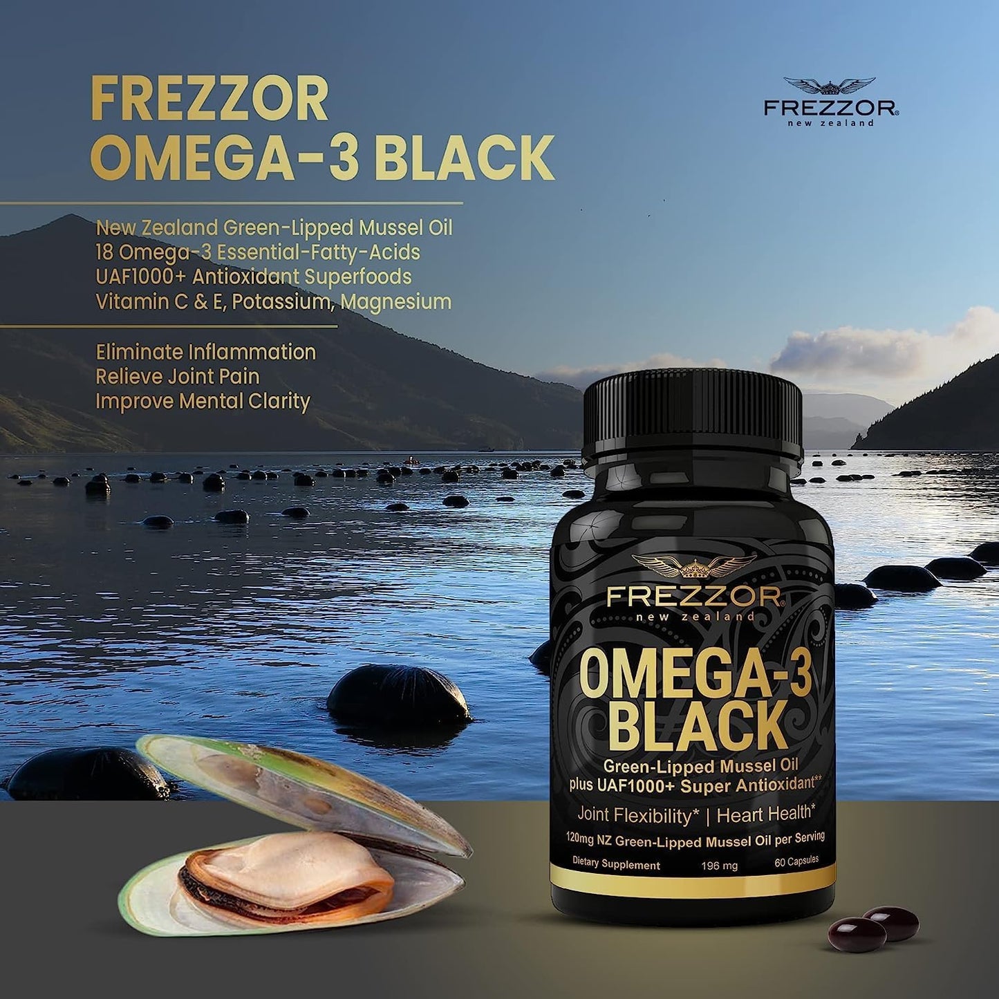 High Potency FREZZOR Omega 3 Black Green Lipped Mussel Oil Softgels for Joint Comfort & Mobility - 60 Softgels + Astaxanthin Bottle