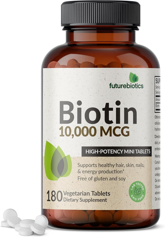 High Potency Futurebiotics Biotin 10,000 MCG Tablets for Healthy Hair, Skin & Nails, Energy - Non-GMO, 180 Veg Tablets