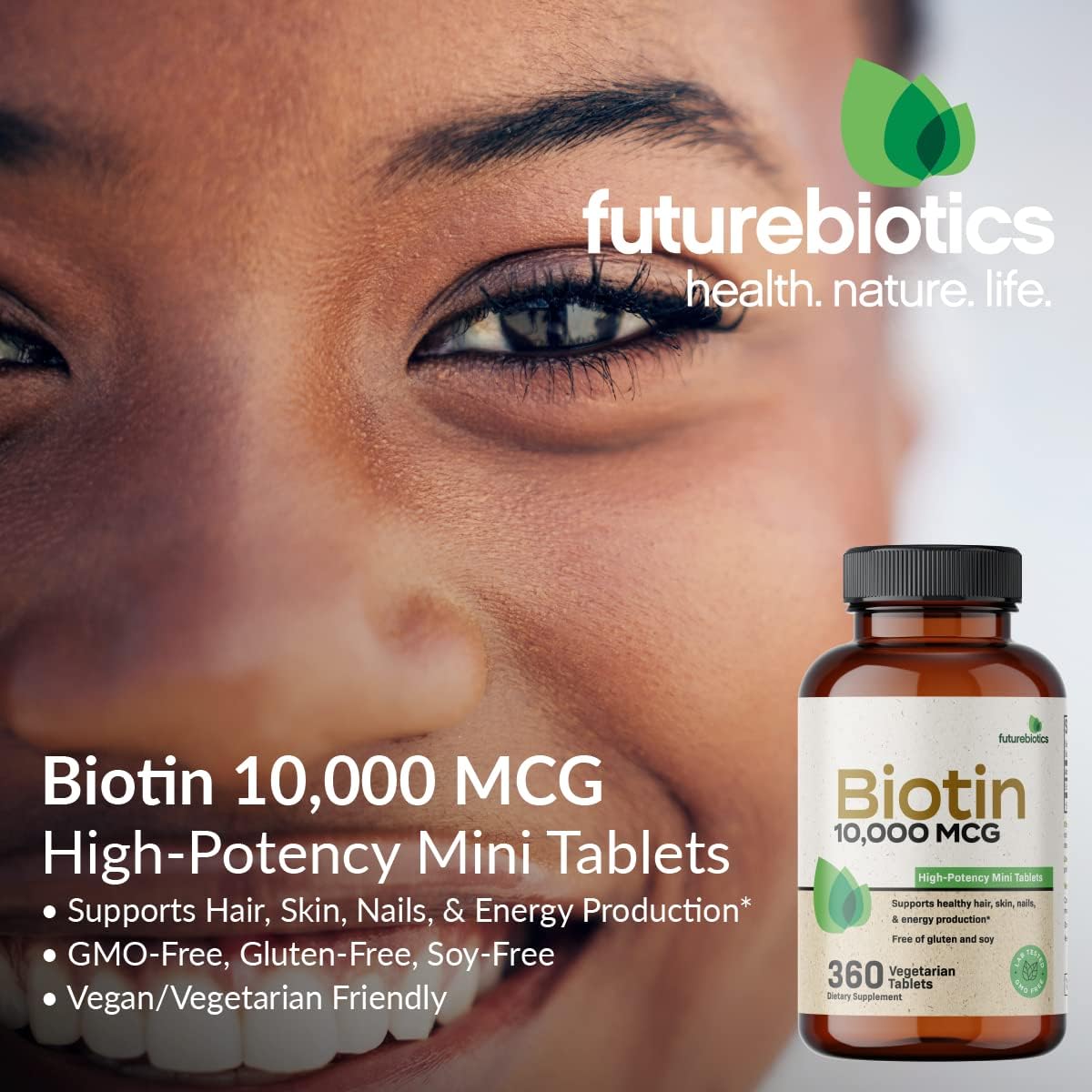High Potency Futurebiotics Biotin 10,000 MCG Tablets for Healthy Hair, Skin & Nails, Energy - Non-GMO, 180 Veg Tablets