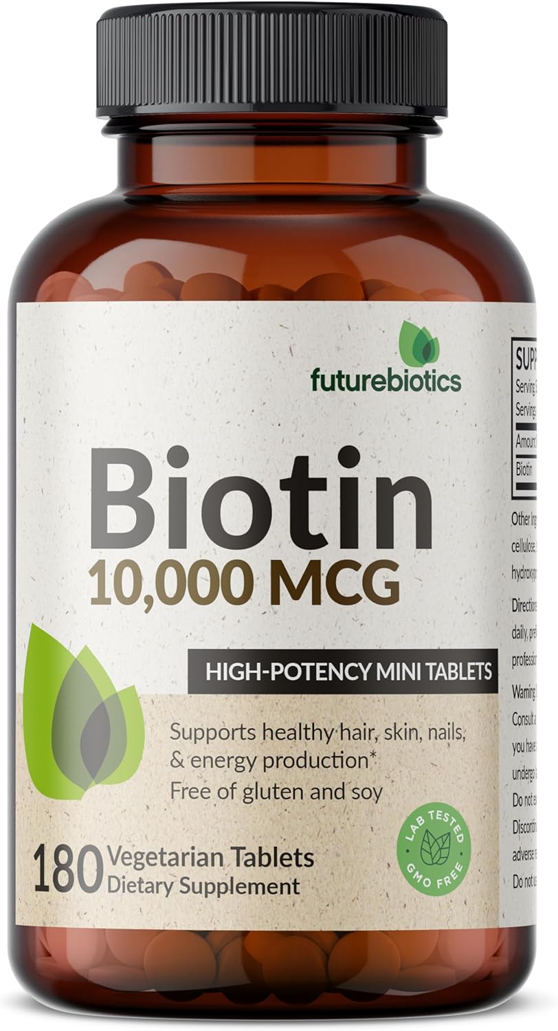 High Potency Futurebiotics Biotin 10,000 MCG Tablets for Healthy Hair, Skin & Nails, Energy - Non-GMO, 180 Veg Tablets