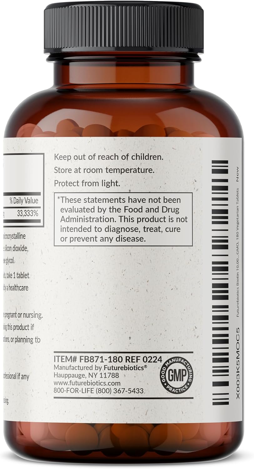 High Potency Futurebiotics Biotin 10,000 MCG Tablets for Healthy Hair, Skin & Nails, Energy - Non-GMO, 180 Veg Tablets