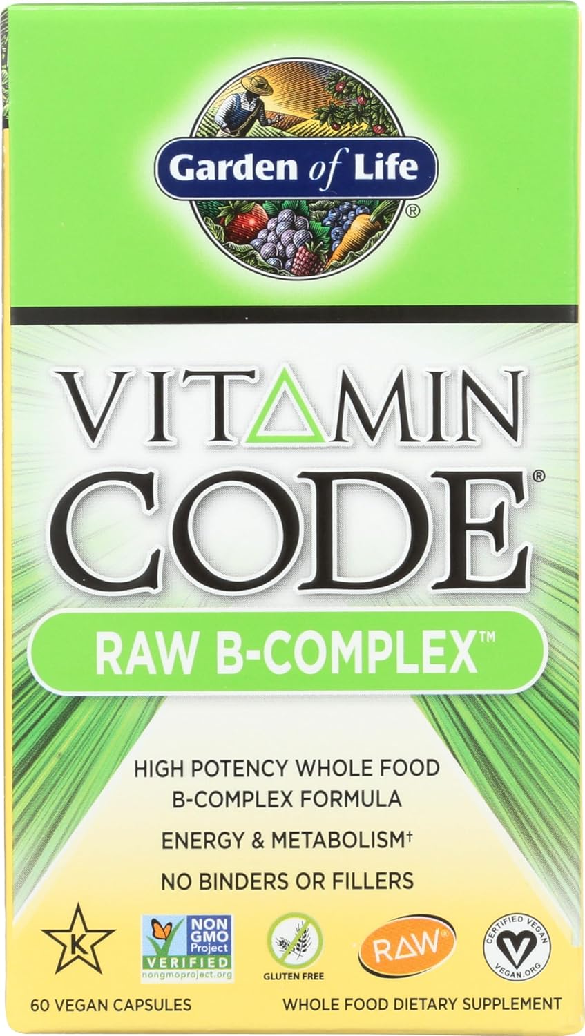 High Potency Garden of Life Raw B Complex - 60 Vegan Capsules with B Vitamins for Energy & Metabolism - Includes B2 Riboflavin, B1, B3, B6, Folate, B12, Biotin, Probiotics