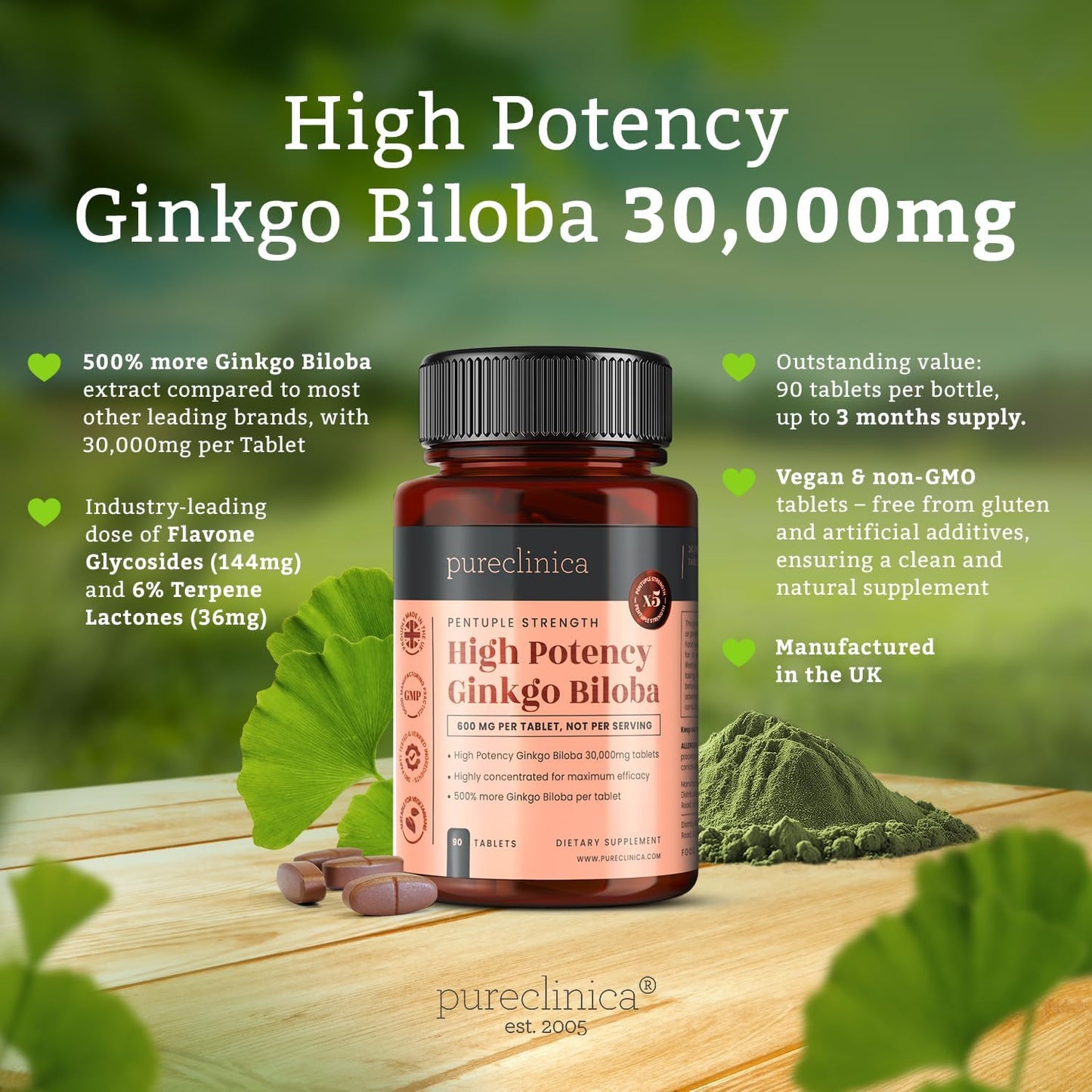 High Potency Ginkgo Biloba 30,000mg x 360 Tablets - 12 Months Supply - 5x Stronger Than Competitors - 4 Bottles of 90 Tablets