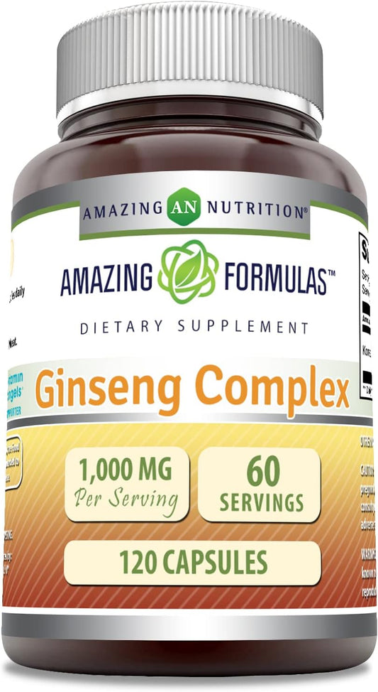 High Potency Ginseng Complex Supplement 1000mg - Korean Ginseng Extract, 120 Capsules | Non-GMO, Gluten Free - Made in USA by Amazing Nutrition