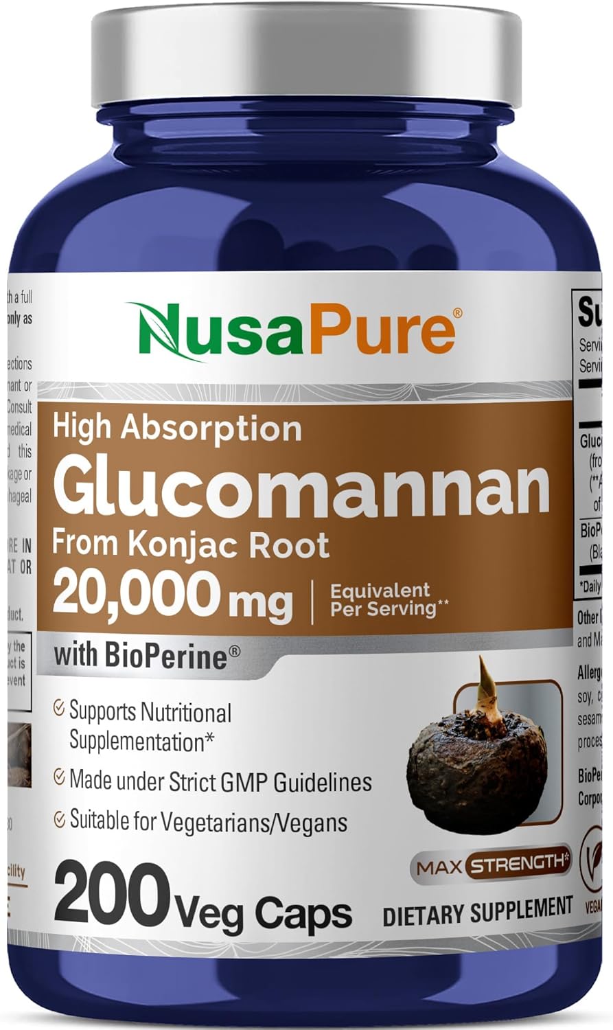 High Potency Glucomannan 20,000 mg - 200 Vegan Capsules - Konjac Root Extract with BioPerine - Non-GMO Vegan Supplement