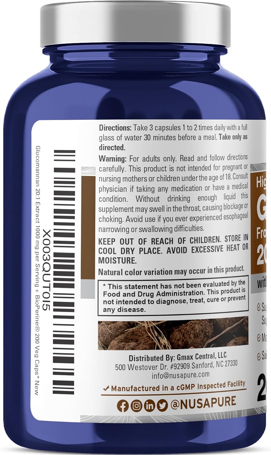 High Potency Glucomannan 20,000 mg - 200 Vegan Capsules - Konjac Root Extract with BioPerine - Non-GMO Vegan Supplement