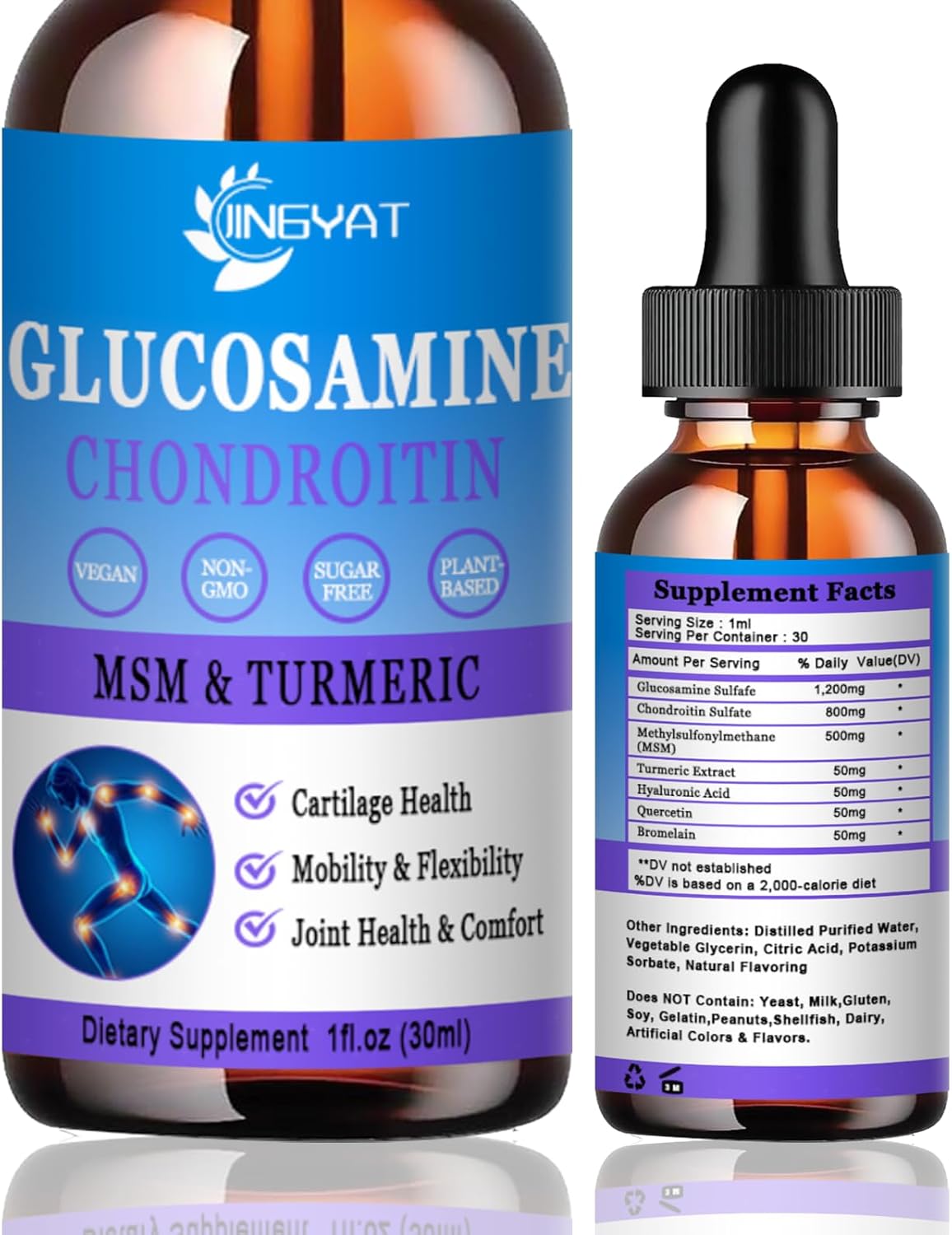 High Potency Glucosamine Chondroitin Liquid Drops with MSM, Turmeric, Hyaluronic Acid, Quercetin & Bromelain - 2000mg - Joint Support Formula