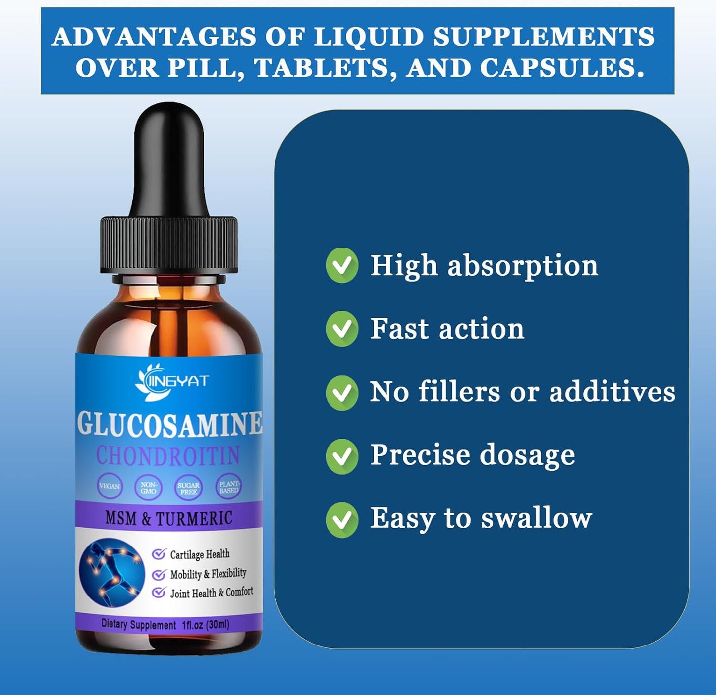High Potency Glucosamine Chondroitin Liquid Drops with MSM, Turmeric, Hyaluronic Acid, Quercetin & Bromelain - 2000mg - Joint Support Formula