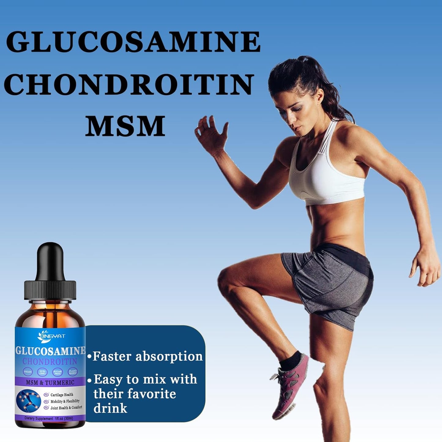 High Potency Glucosamine Chondroitin Liquid Drops with MSM, Turmeric, Hyaluronic Acid, Quercetin & Bromelain - 2000mg - Joint Support Formula