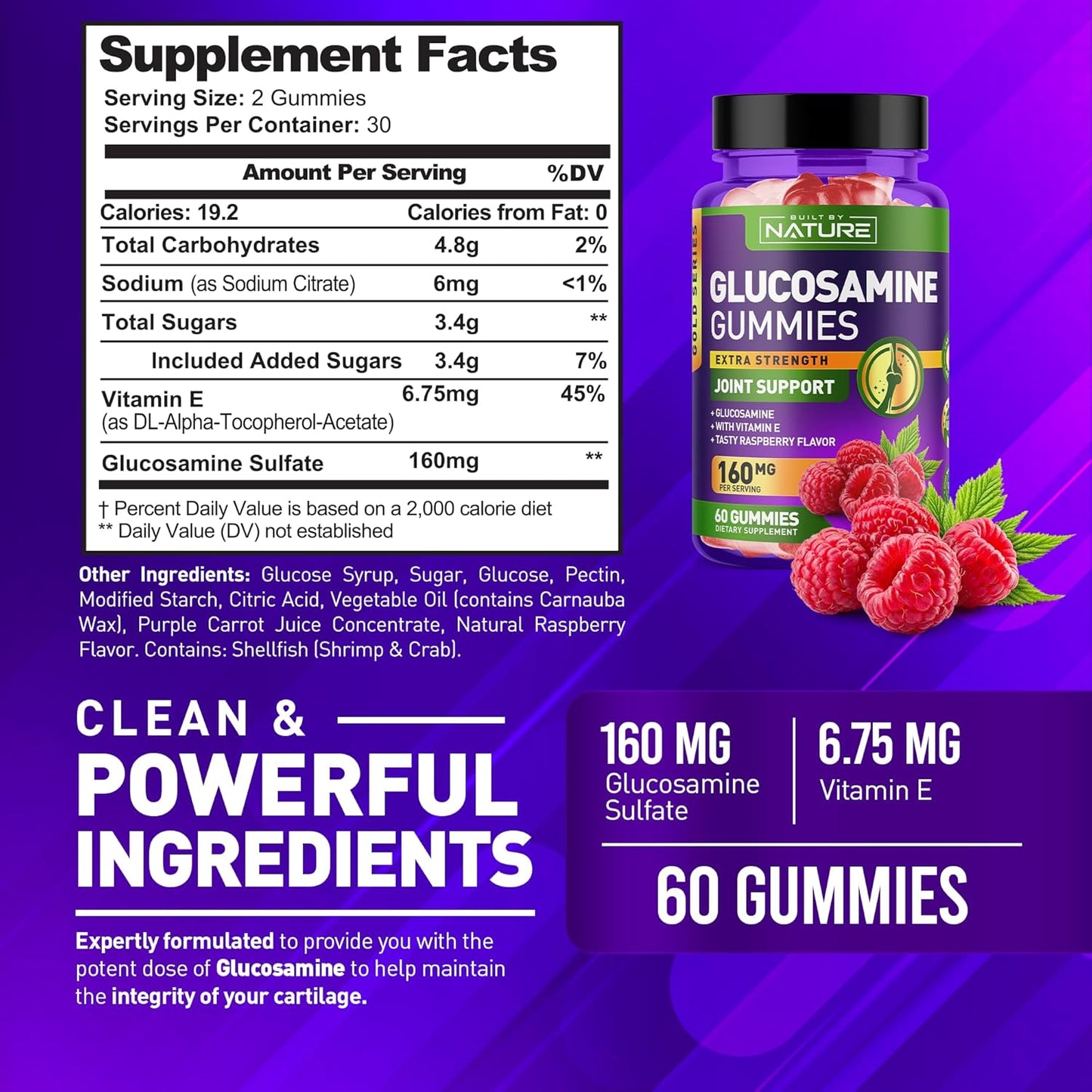 High Potency Glucosamine Gummies with Vitamin E for Joint Support - Natural Relief for Back, Knees, and Hands - Non GMO - 60 Gummies