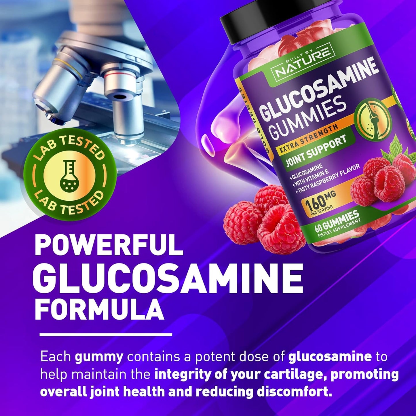 High Potency Glucosamine Gummies with Vitamin E for Joint Support - Natural Relief for Back, Knees, and Hands - Non GMO - 60 Gummies