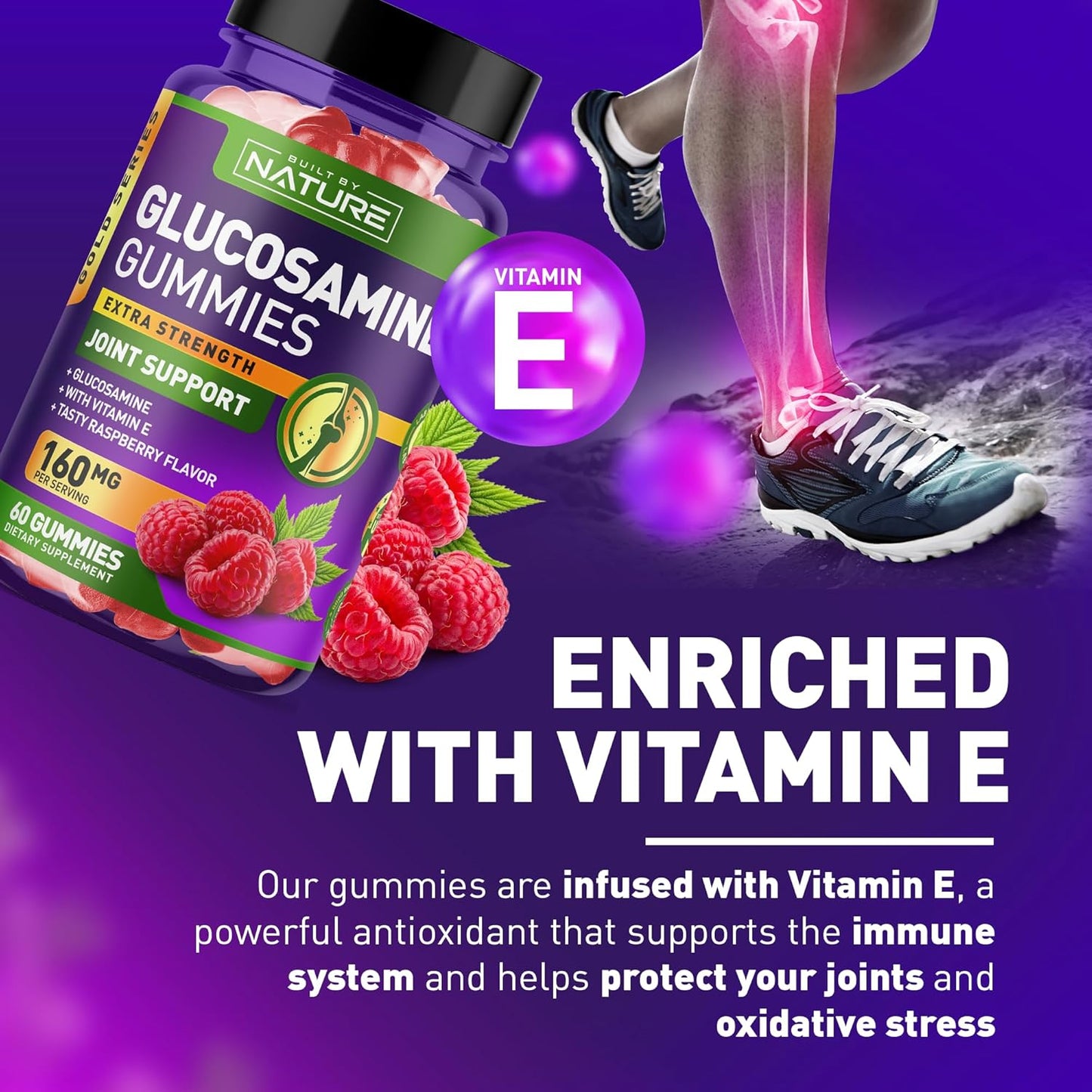 High Potency Glucosamine Gummies with Vitamin E for Joint Support - Natural Relief for Back, Knees, and Hands - Non GMO - 60 Gummies