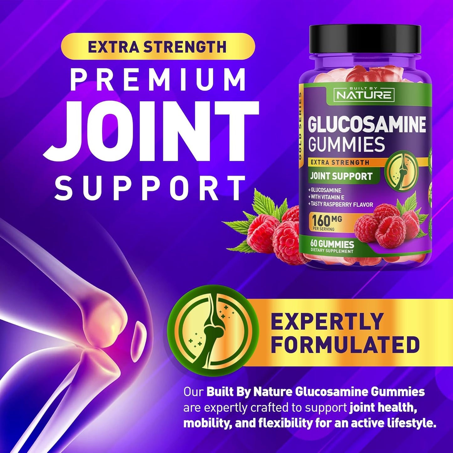 High Potency Glucosamine Gummies with Vitamin E for Joint Support - Natural Relief for Back, Knees, and Hands - Non GMO - 60 Gummies