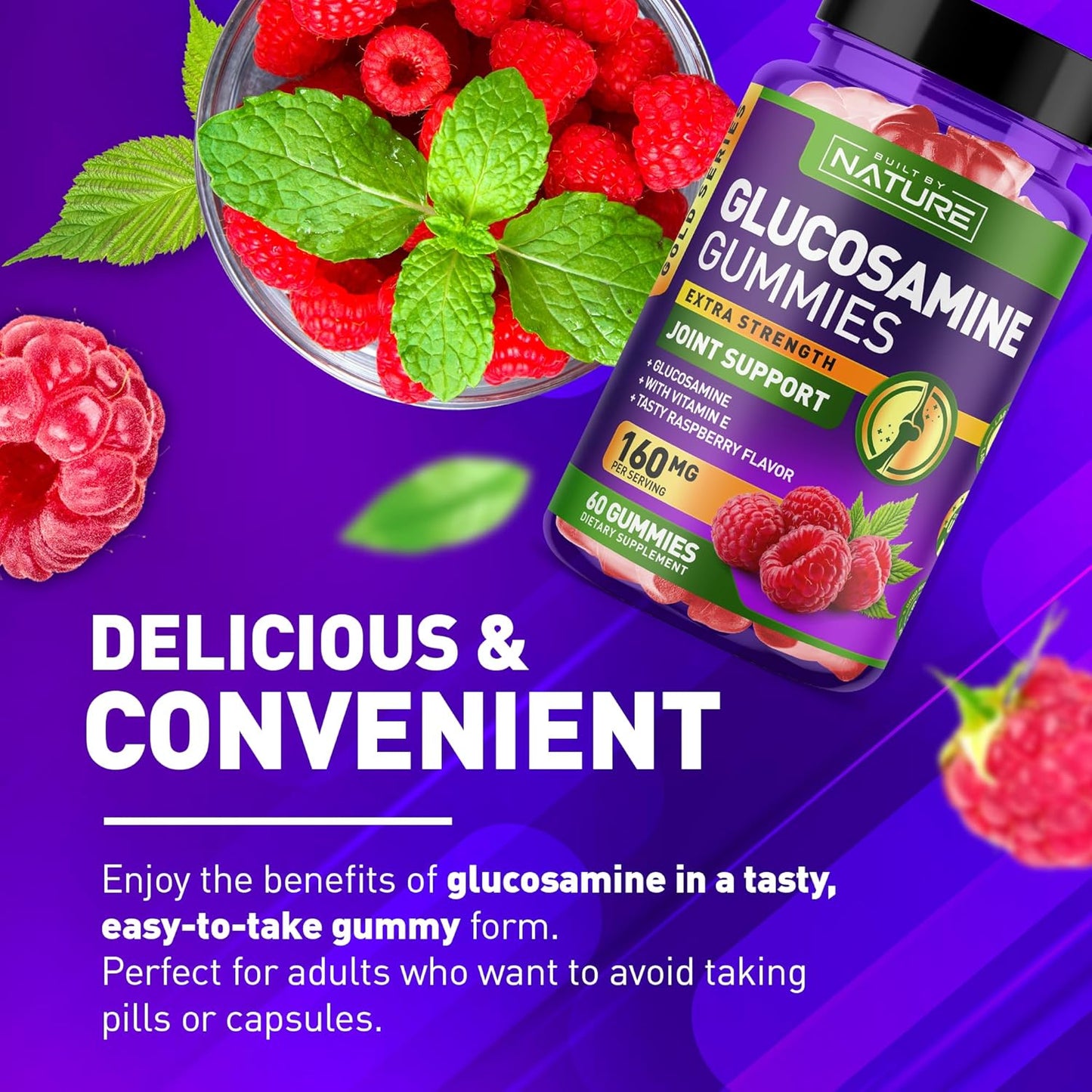 High Potency Glucosamine Gummies with Vitamin E for Joint Support - Natural Relief for Back, Knees, and Hands - Non GMO - 60 Gummies