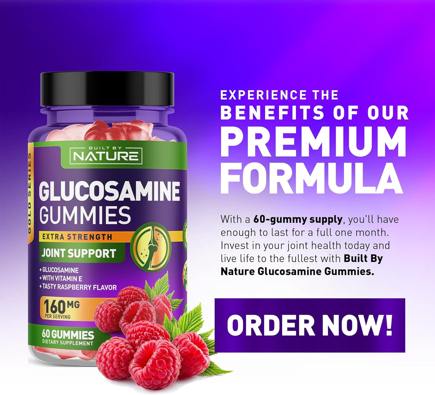 High Potency Glucosamine Gummies with Vitamin E for Joint Support - Natural Relief for Back, Knees, and Hands - Non GMO - 60 Gummies