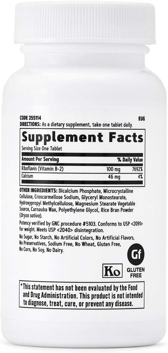High Potency GNC Vitamin B2 100mg Supplement for Metabolizing Fats, Carbs, and Proteins - 100 Servings
