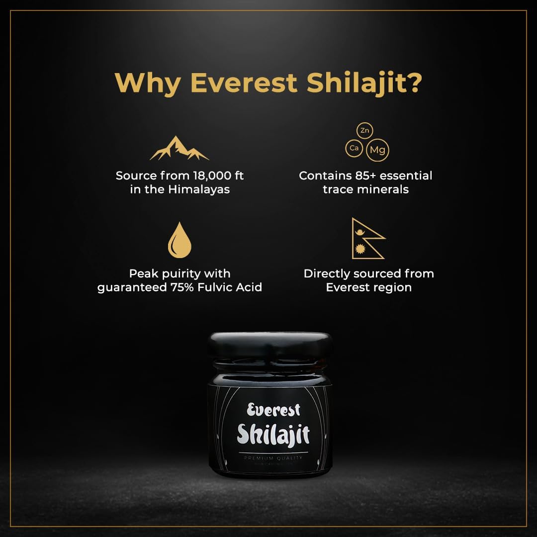 High Potency Gold Grade Everest Shilajit Resin for Men & Women | Natural 75% Fulvic Acid & 85+ Trace Minerals | Lab Tested Nepal Shilajit | 50 Servings, 25 GM