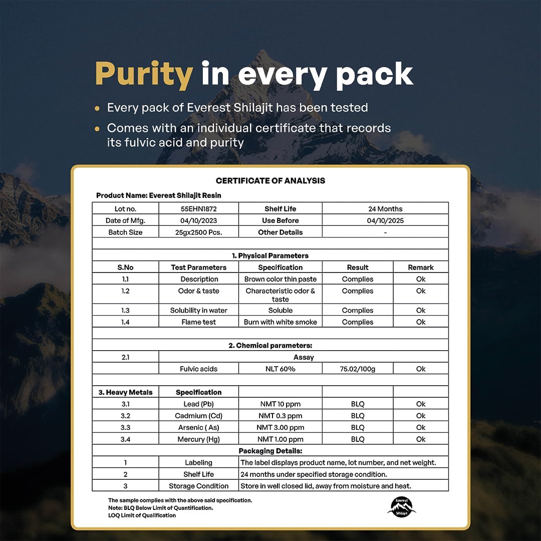 High Potency Gold Grade Everest Shilajit Resin for Men & Women | Natural 75% Fulvic Acid & 85+ Trace Minerals | Lab Tested Nepal Shilajit | 50 Servings, 25 GM