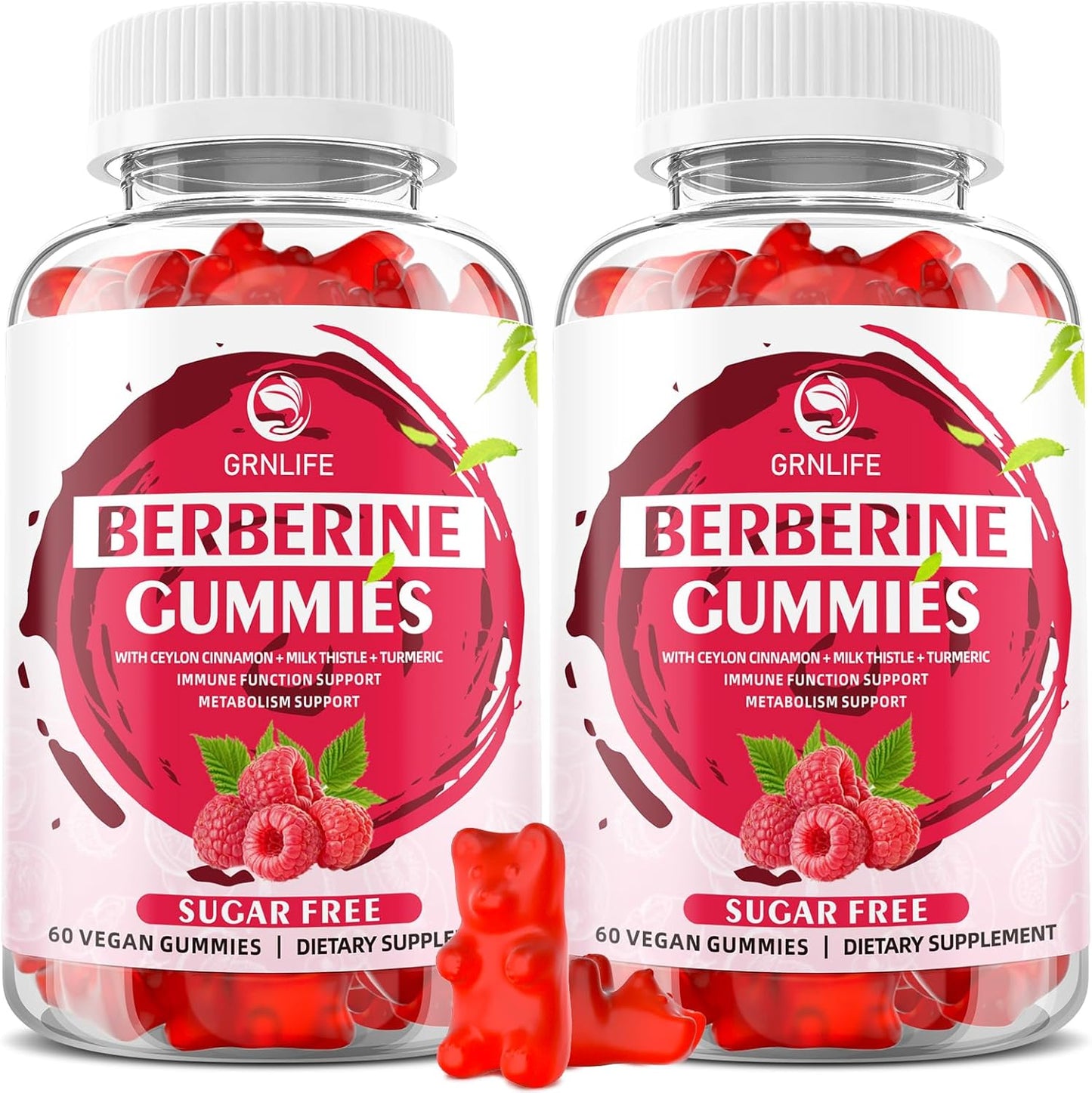 High Potency GrnLife Berberine Gummies with Ceylon Cinnamon - 1500mg Immune and Metabolism Support Supplement - Sugar Free Raspberry Flavor - 120 Count