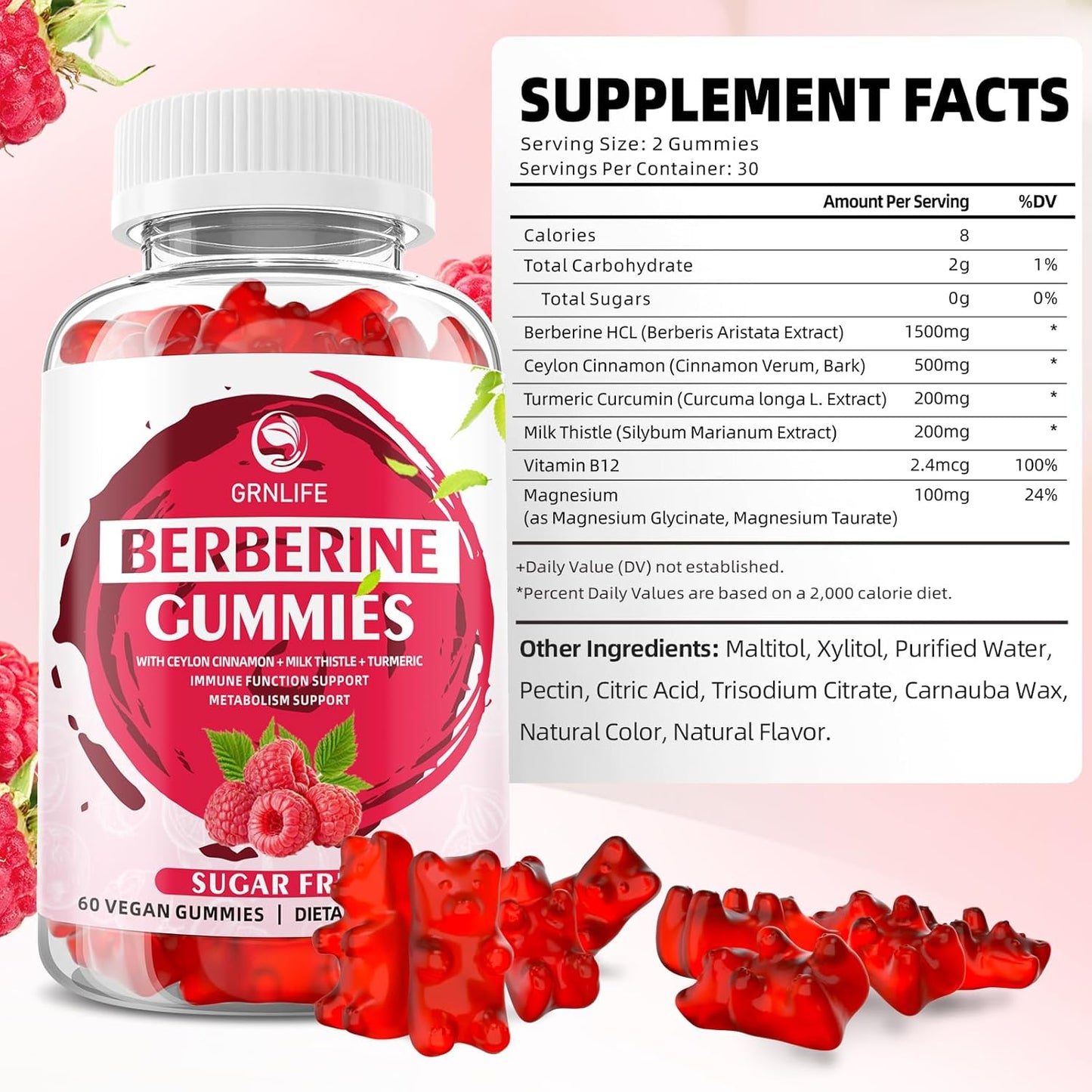 High Potency GrnLife Berberine Gummies with Ceylon Cinnamon - 1500mg Immune and Metabolism Support Supplement - Sugar Free Raspberry Flavor - 120 Count