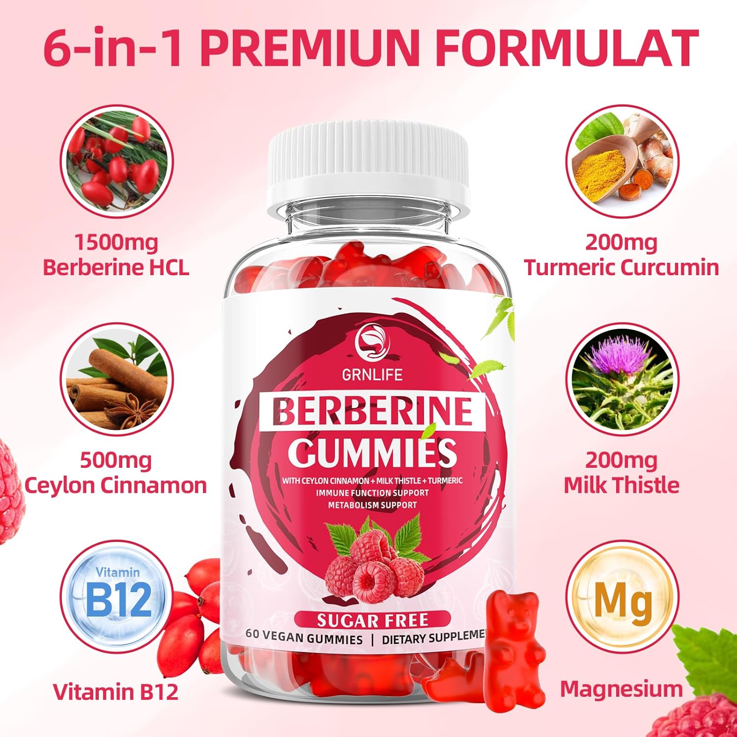 High Potency GrnLife Berberine Gummies with Ceylon Cinnamon - 1500mg Immune and Metabolism Support Supplement - Sugar Free Raspberry Flavor - 120 Count