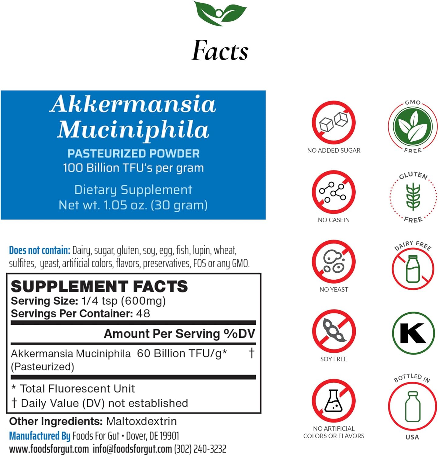High Potency Gut Akkermansia Muciniphila Pasteurized Powder - 30g (1.05 oz) - 100 Billion TFU/g - Digestive & Immune Support