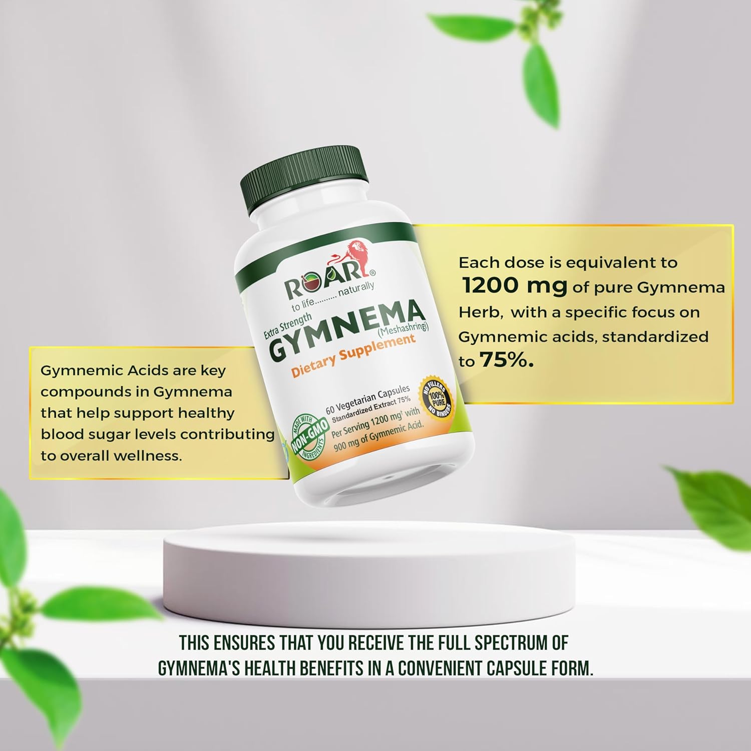 High Potency Gymnema Sylvestre Extract Capsules - 1200mg, 75% Gymnemic Acid, Non-GMO, 60 Count - Ayurvedic Supplement