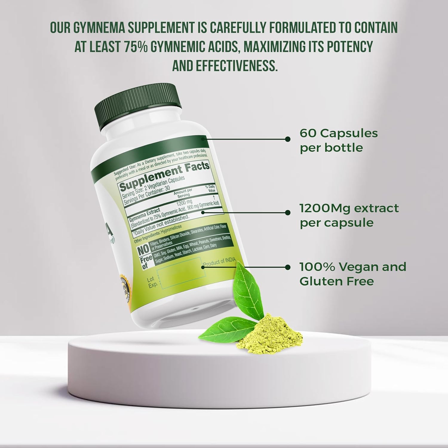 High Potency Gymnema Sylvestre Extract Capsules - 1200mg, 75% Gymnemic Acid, Non-GMO, 60 Count - Ayurvedic Supplement