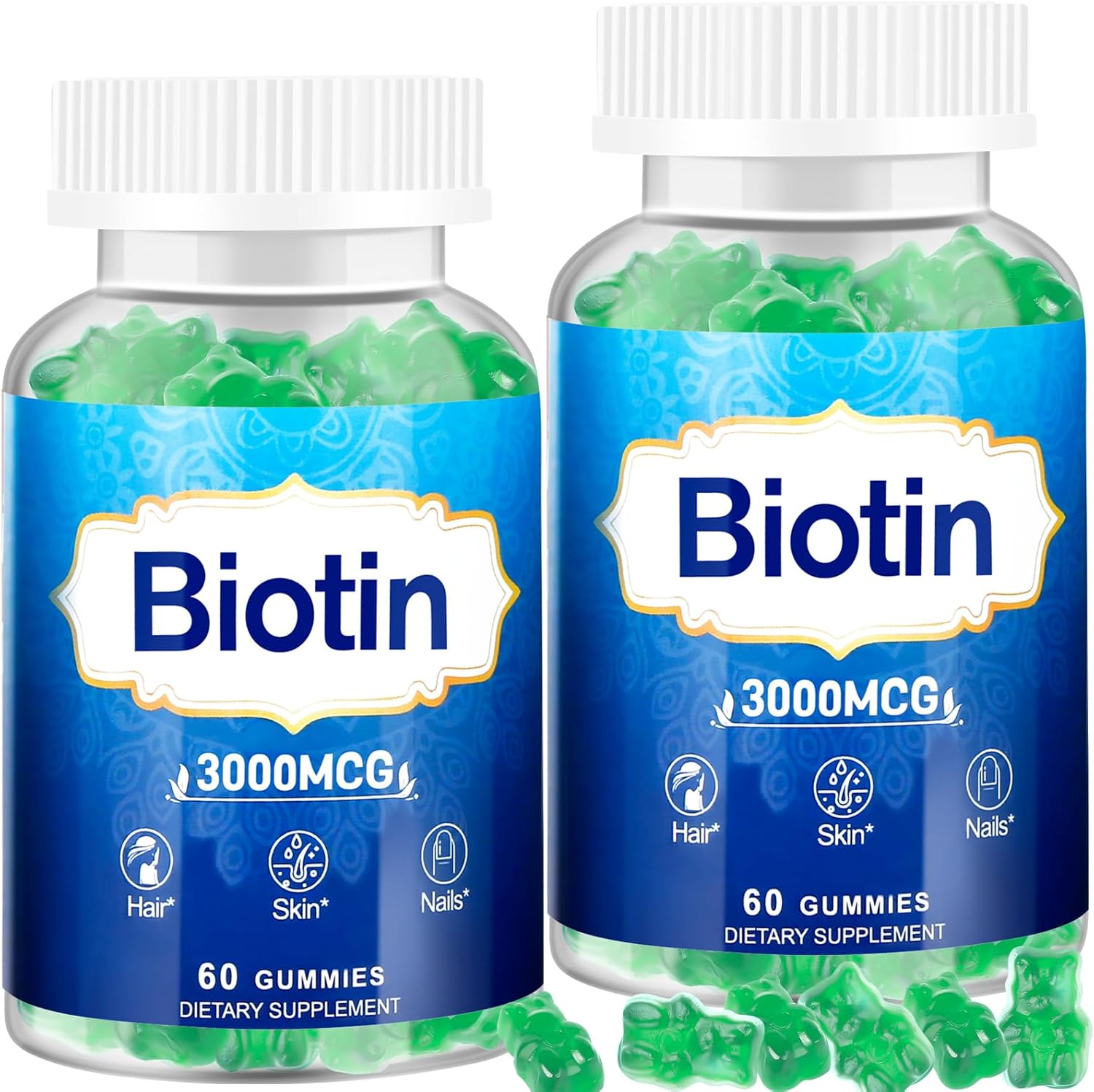 High Potency Hair, Skin, and Nails Gummies 2-Pack with Vitamins D, E, B12, Biotin for Growth and Strength in Women, Men, and Kids