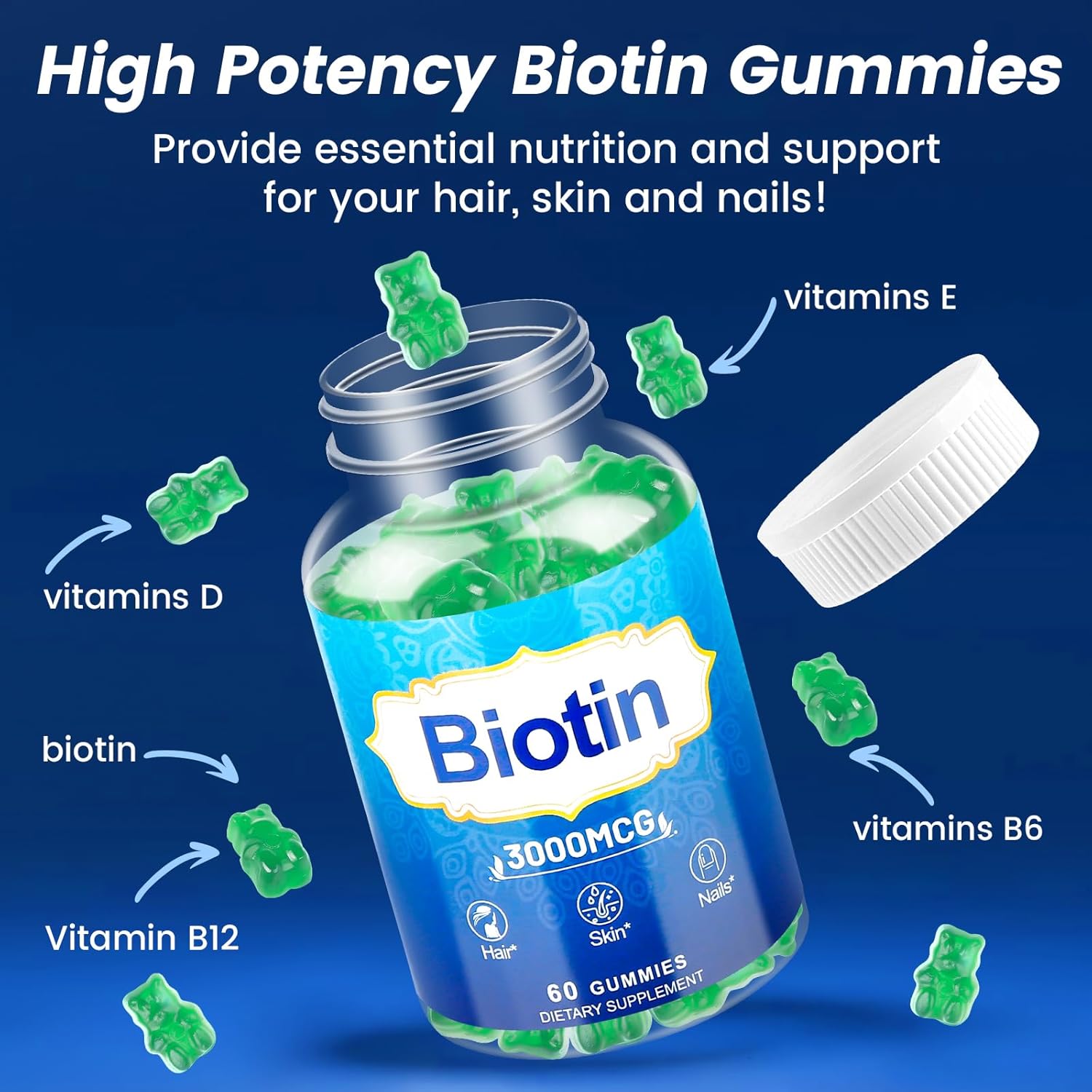 High Potency Hair, Skin, and Nails Gummies 2-Pack with Vitamins D, E, B12, Biotin for Growth and Strength in Women, Men, and Kids