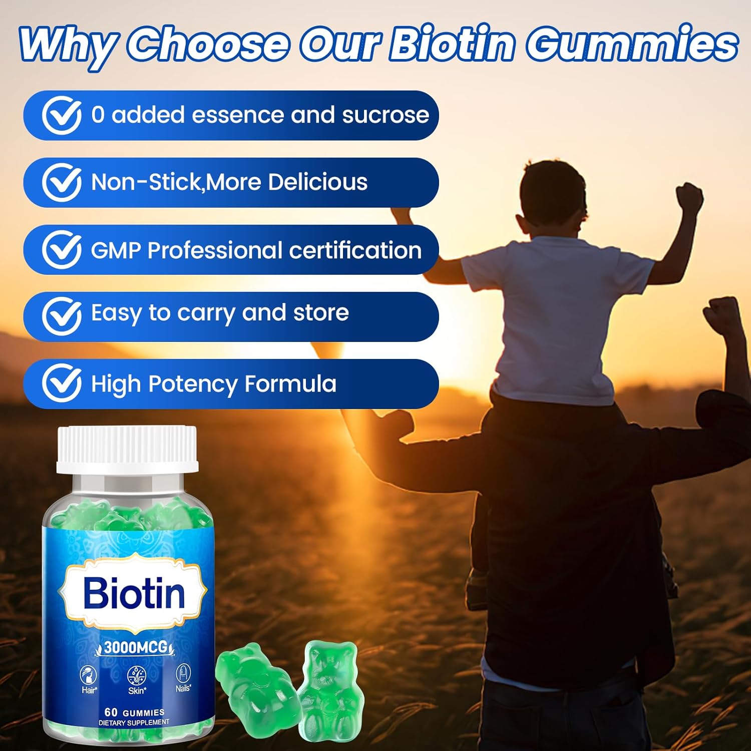 High Potency Hair, Skin, and Nails Gummies 2-Pack with Vitamins D, E, B12, Biotin for Growth and Strength in Women, Men, and Kids