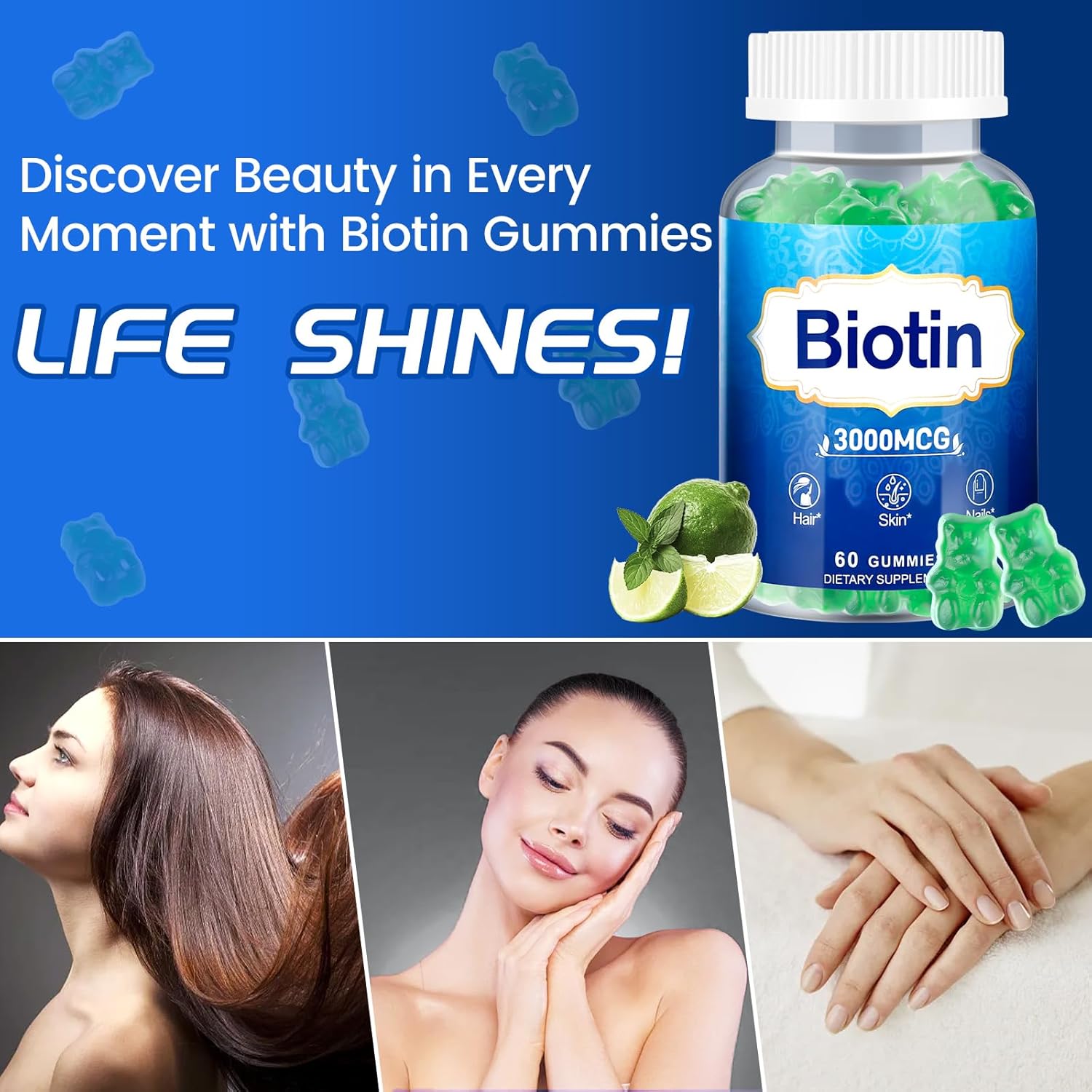 High Potency Hair, Skin, and Nails Gummies 2-Pack with Vitamins D, E, B12, Biotin for Growth and Strength in Women, Men, and Kids