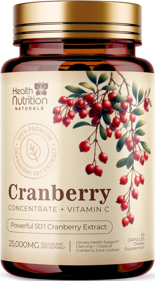 High Potency Health Nutrition Naturals Cranberry Pills with 50:1 Concentrate Extract & Vitamin C - 25,000mg Formula for Urinary Tract Support - Non-GMO & Gluten-Free - 60 Capsules for Women & Men