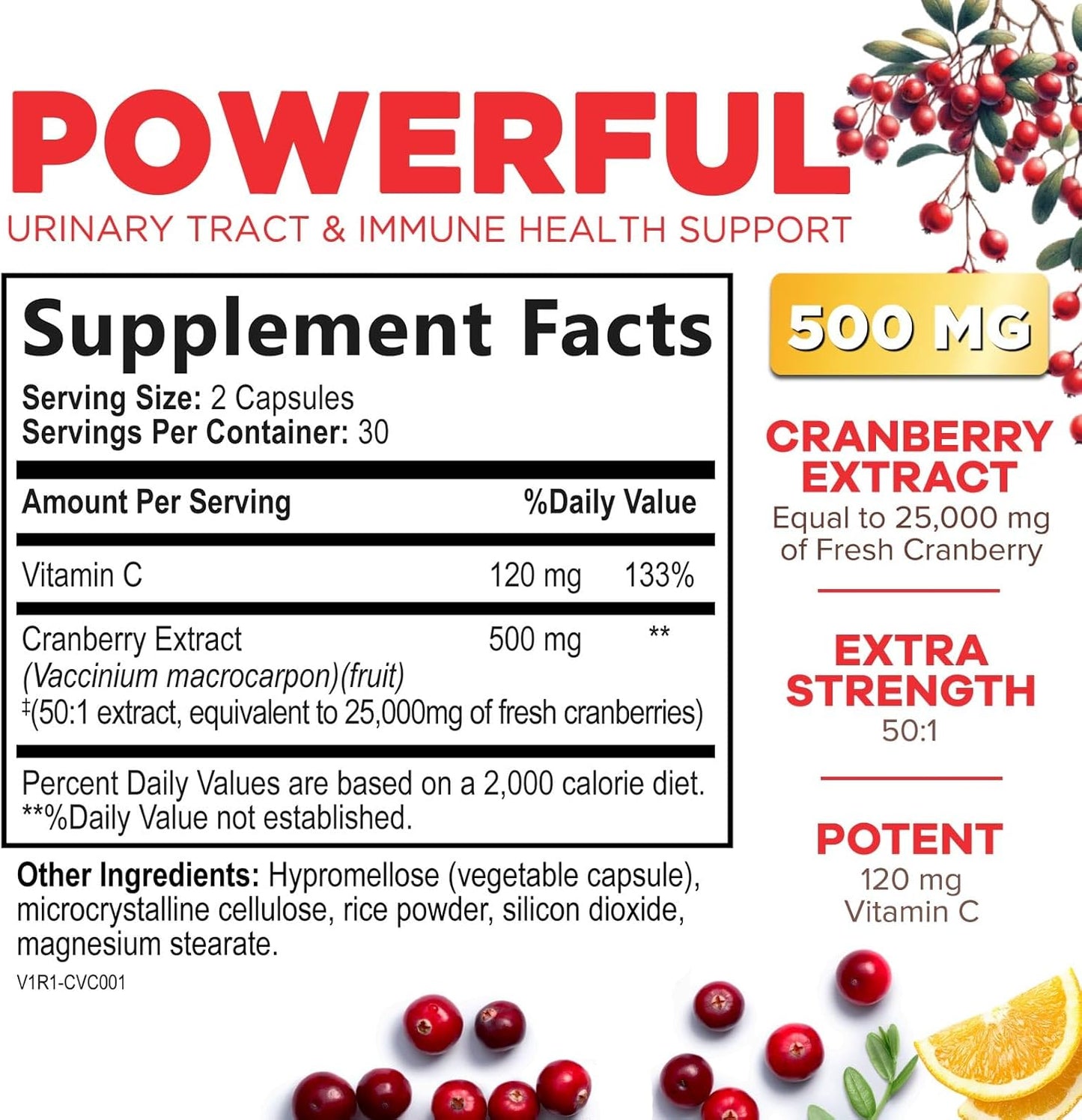 High Potency Health Nutrition Naturals Cranberry Pills with 50:1 Concentrate Extract & Vitamin C - 25,000mg Formula for Urinary Tract Support - Non-GMO & Gluten-Free - 60 Capsules for Women & Men