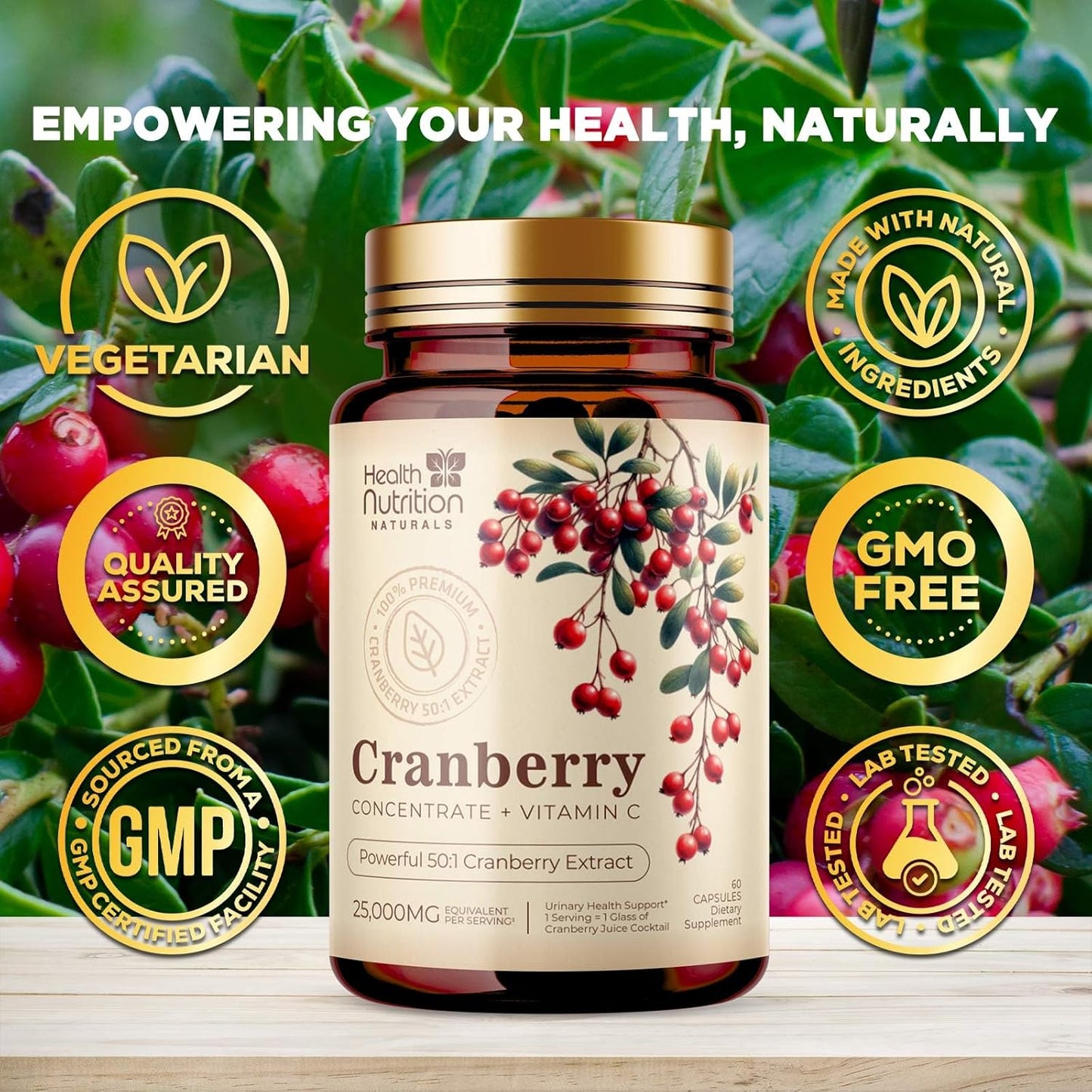 High Potency Health Nutrition Naturals Cranberry Pills with 50:1 Concentrate Extract & Vitamin C - 25,000mg Formula for Urinary Tract Support - Non-GMO & Gluten-Free - 60 Capsules for Women & Men