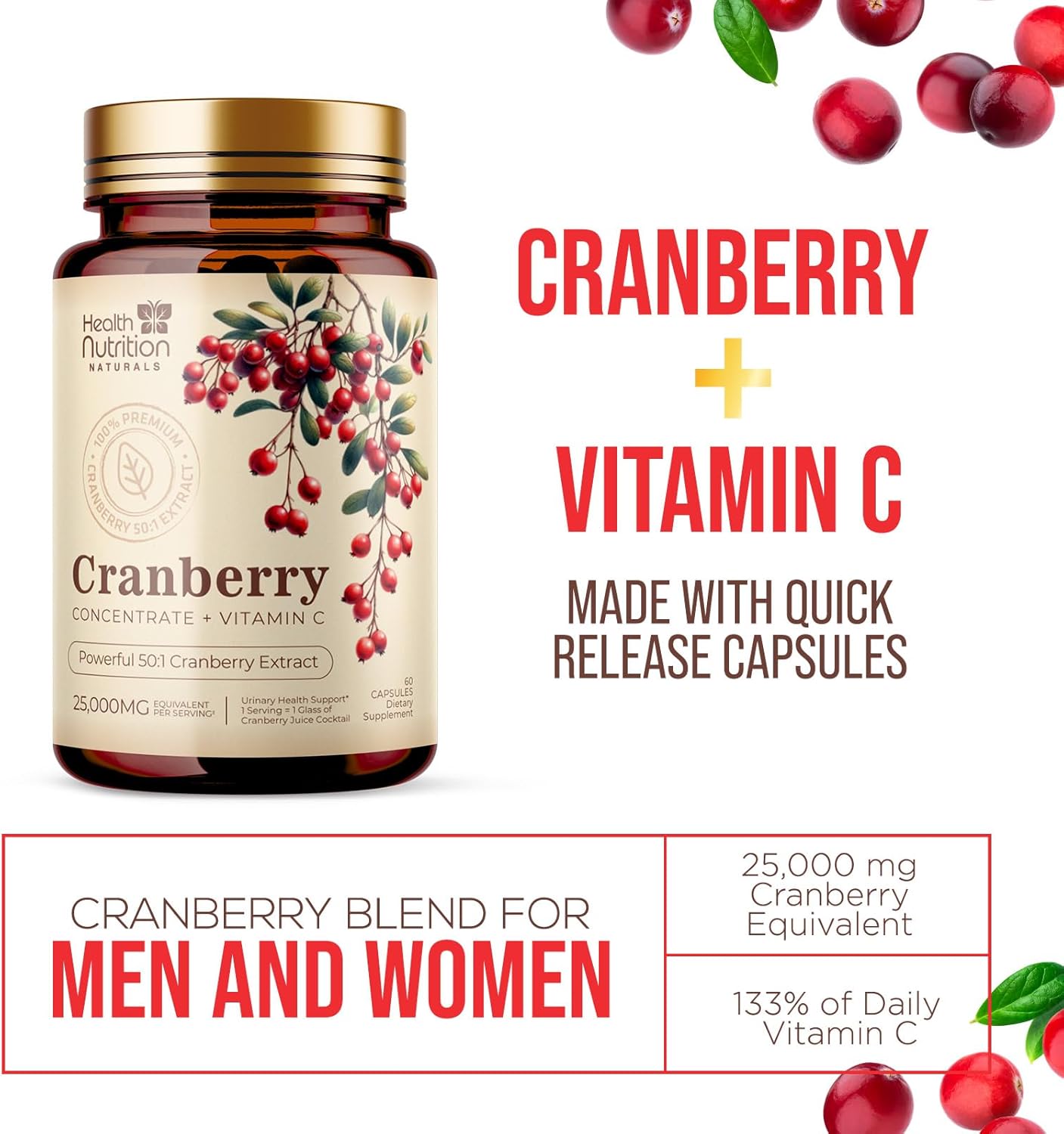 High Potency Health Nutrition Naturals Cranberry Pills with 50:1 Concentrate Extract & Vitamin C - 25,000mg Formula for Urinary Tract Support - Non-GMO & Gluten-Free - 60 Capsules for Women & Men